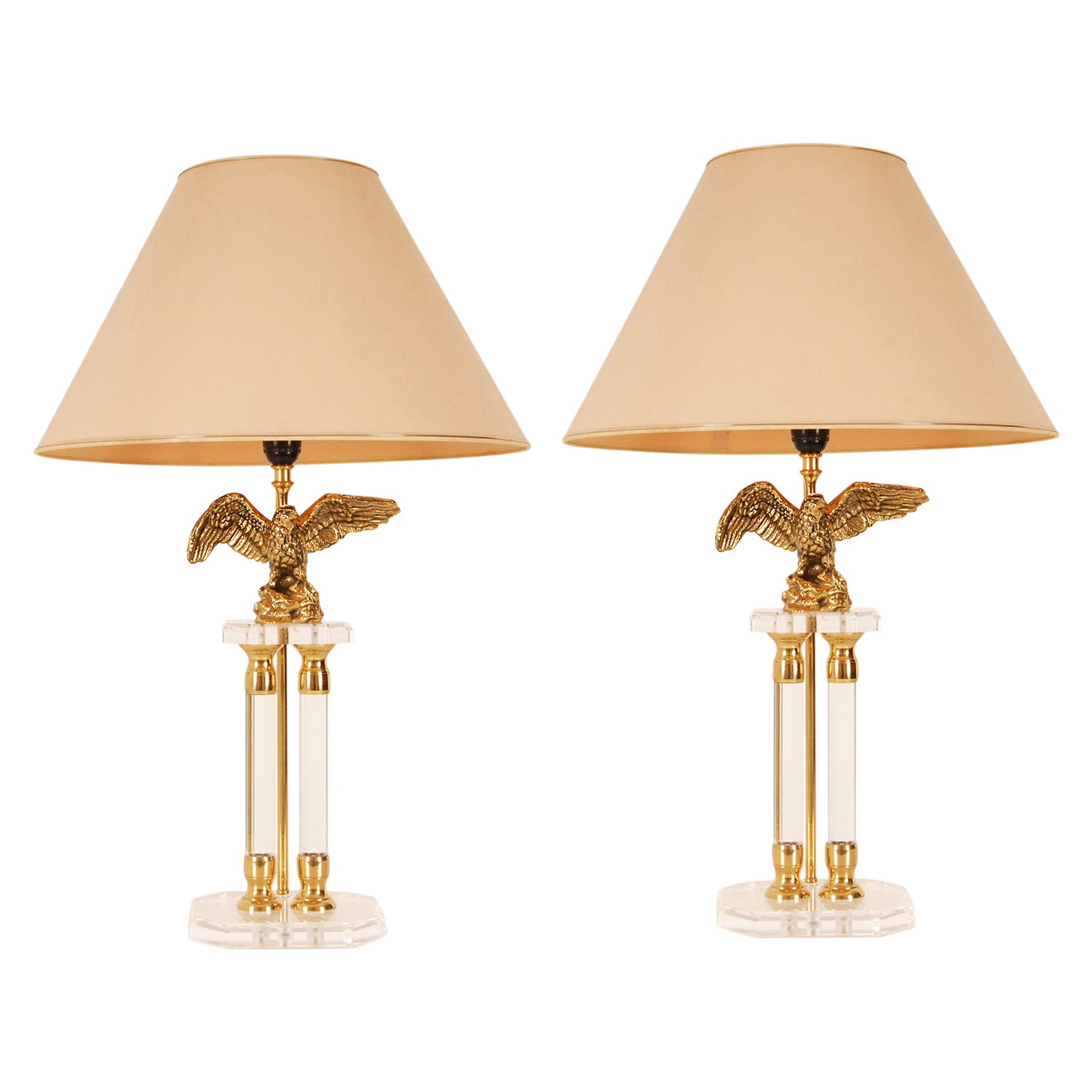 Vintage High End Lucite Crystal Glass Gold Gilded Bronze Table Lamps a