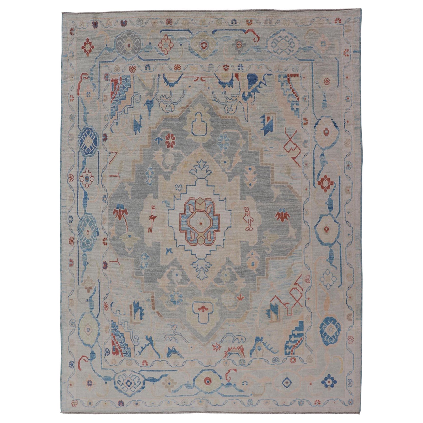 Modern Oushak Turkish Rug with All Over Design in Light Blue, Ivory, & Red 