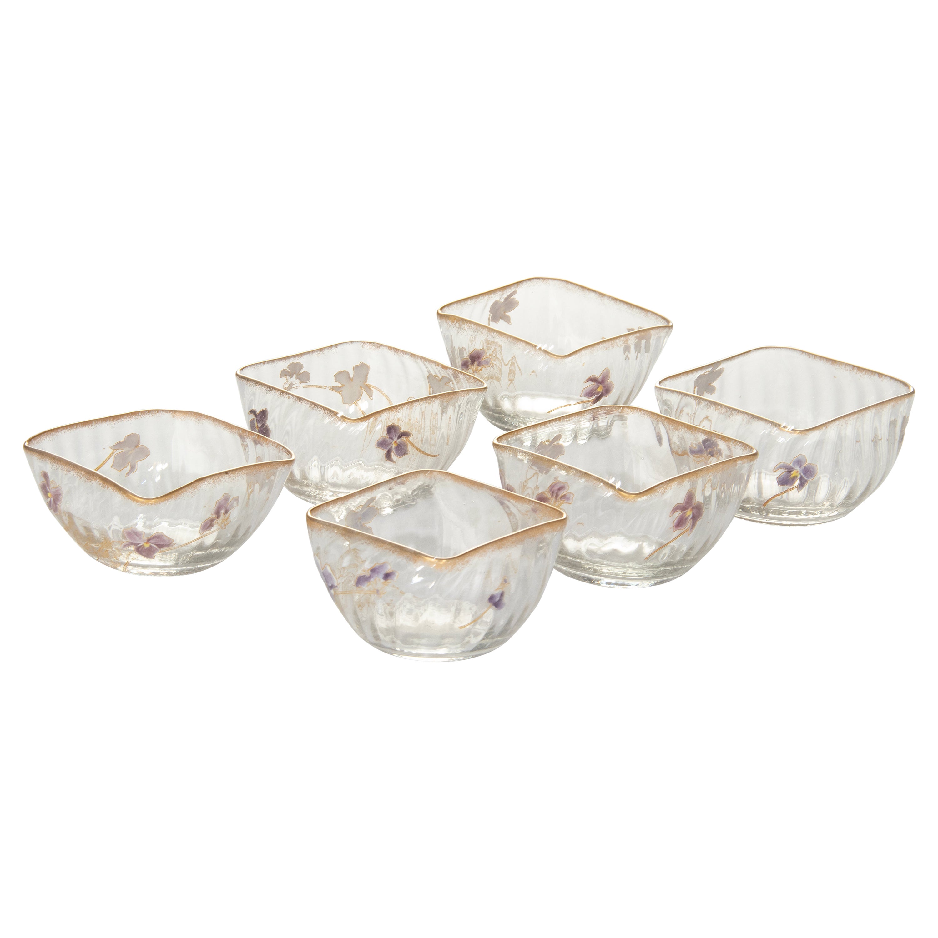Set of 6 Crystal Art Nouveau Bowls Hand Painted with Flowers Attr. to Daum Nancy