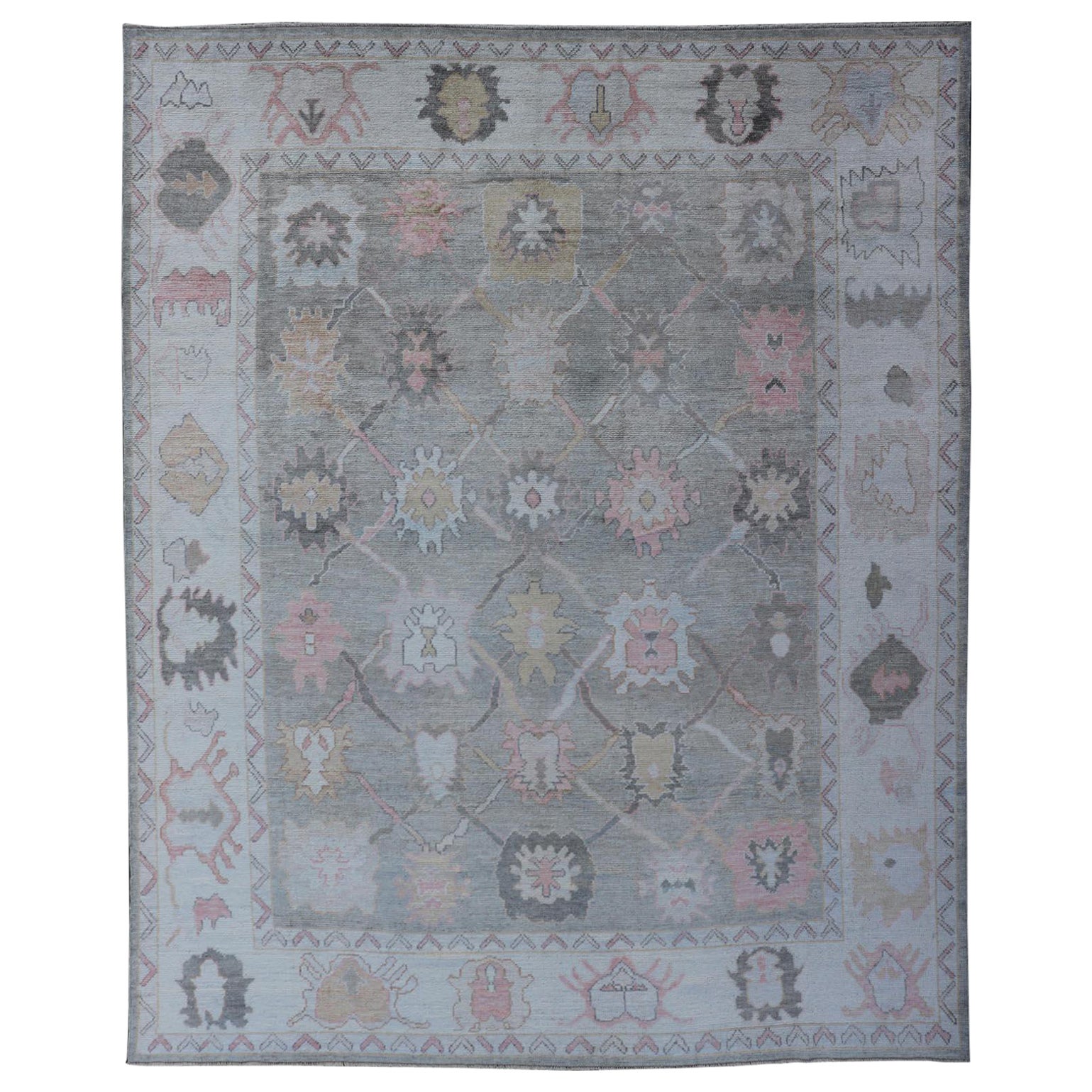 Tribal Design Turkish Oushak Rug with Medallions in Light Green and Multi Colors For Sale