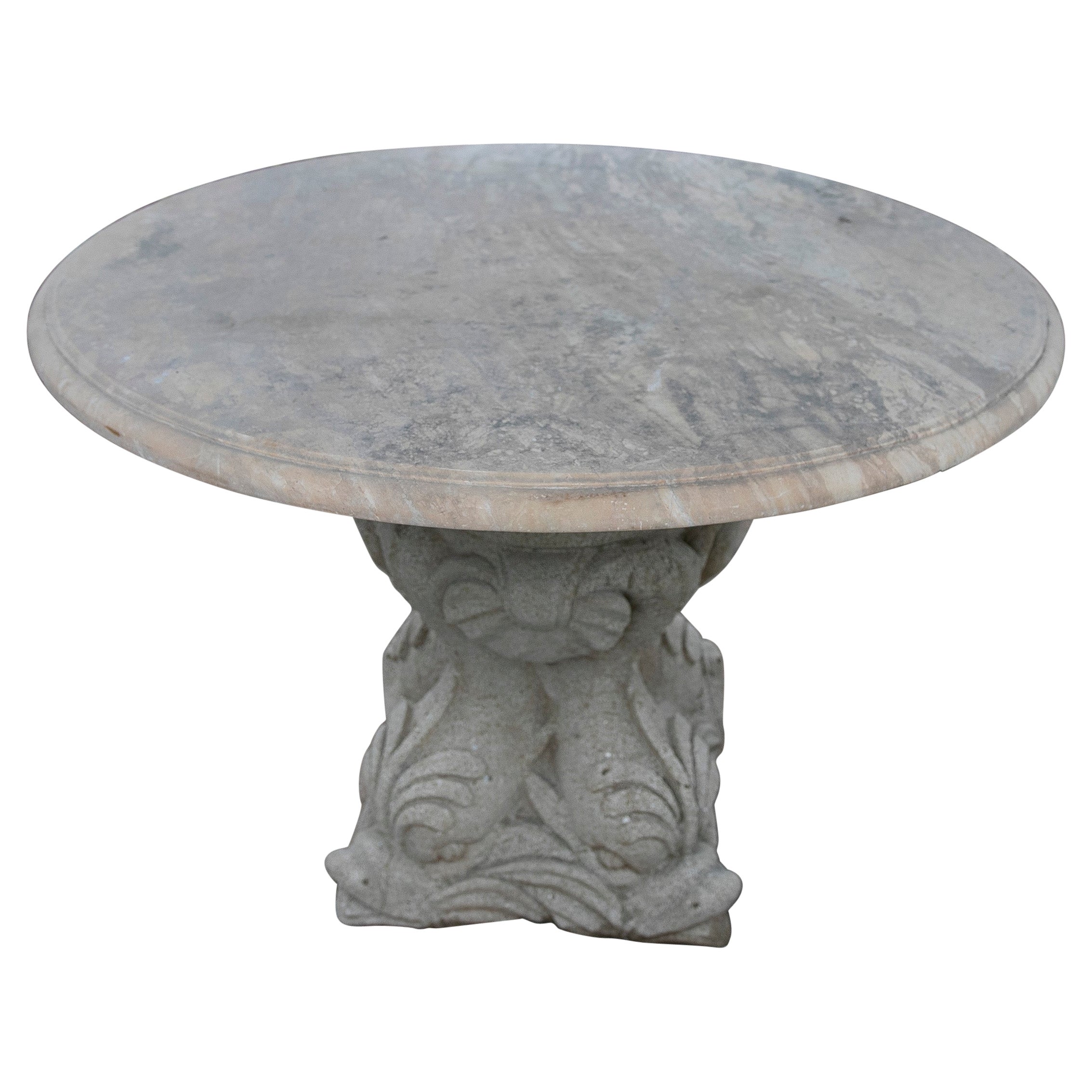 Marble Garden Table with Rose Portuguese Marble Top and Stone Base with Fishes For Sale