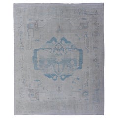 Modern Turkish Oushak Large Medallion Rug in Light Blue and Cream