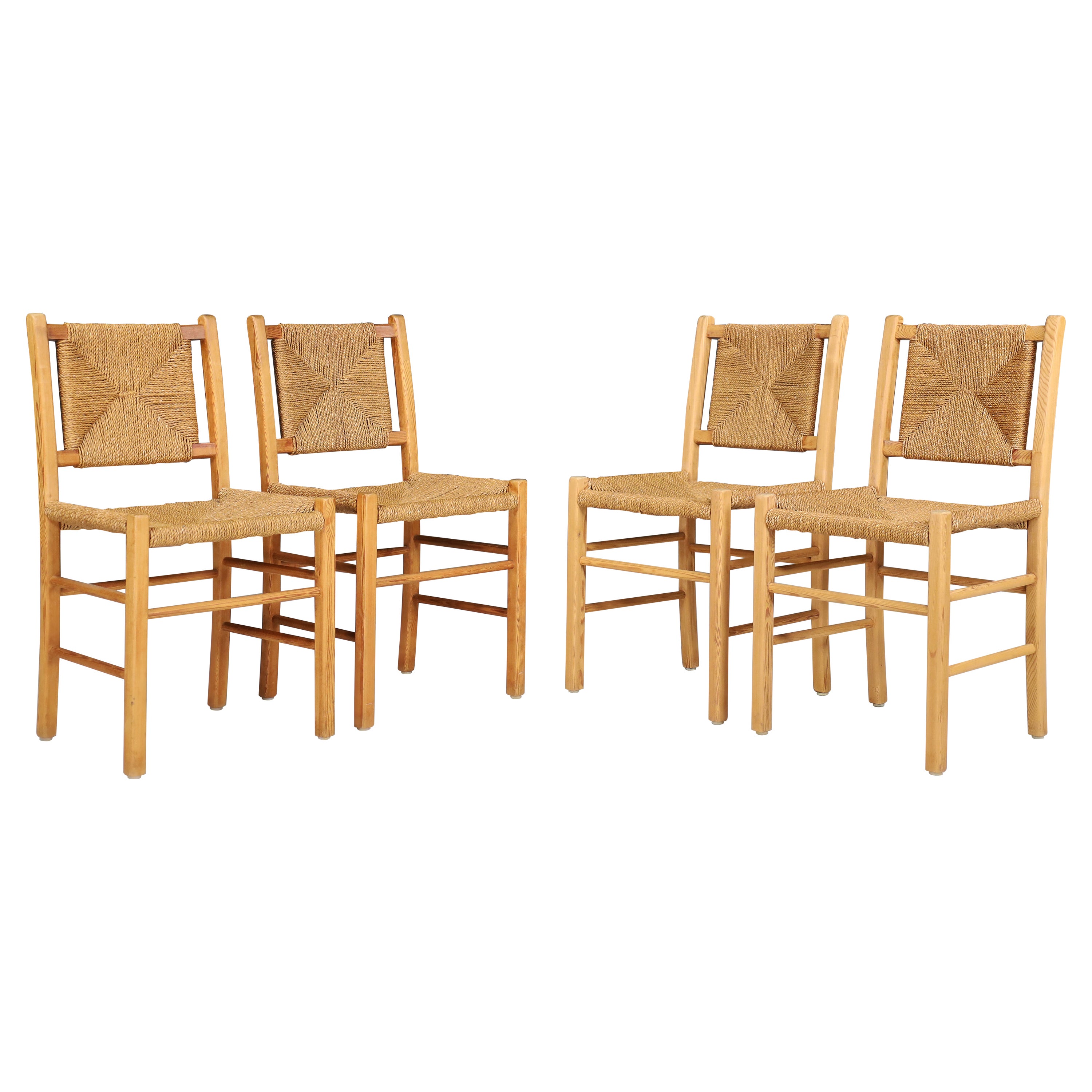 Pine and Rope Dining Chairs, France 1960s.    For Sale