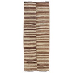 Long Vintage Turkish Kilim Gallery Runner with Shades Brown and Cream Stripes