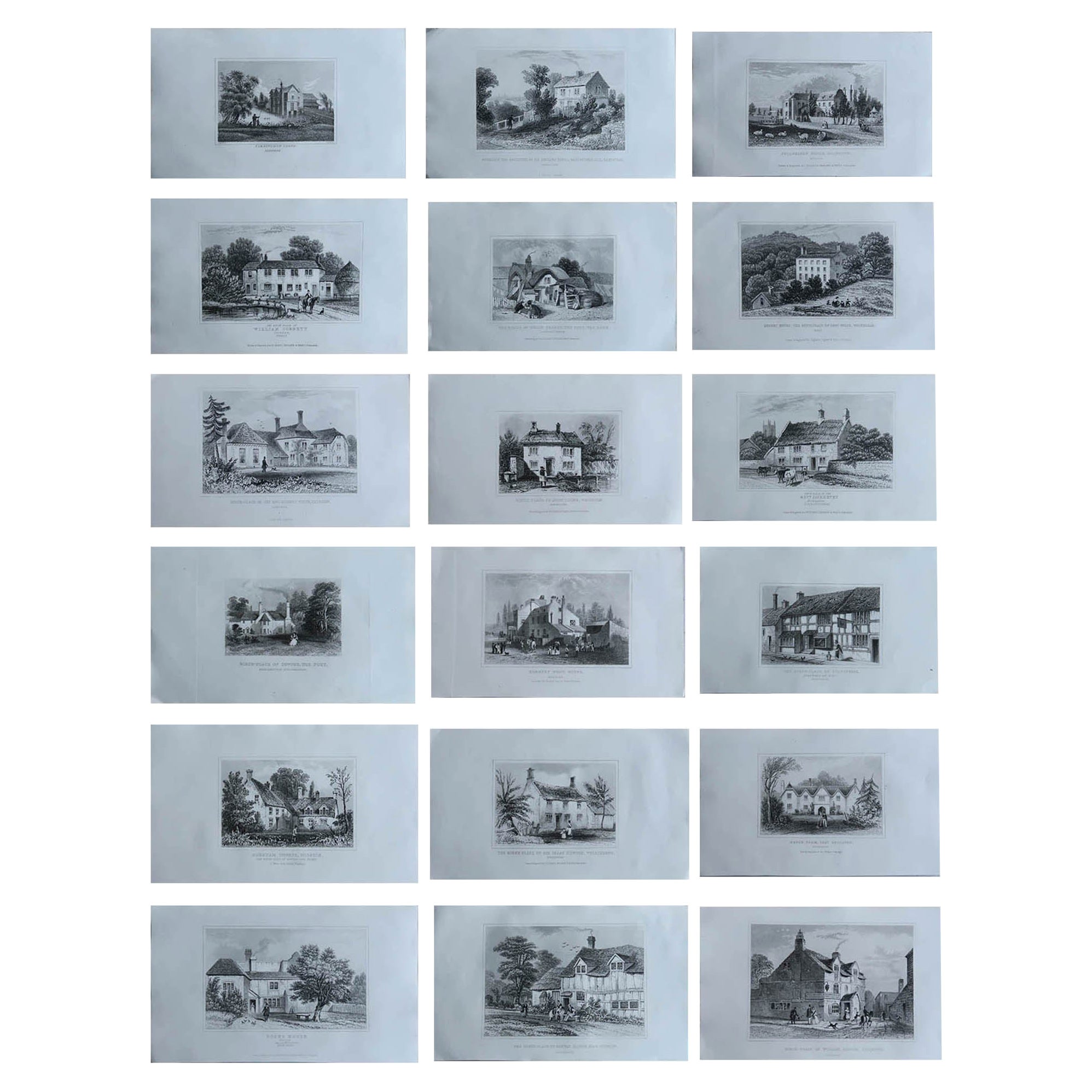 Ensemble de 18 estampes anciennes de cottages de campagne anglaises, vers 1840