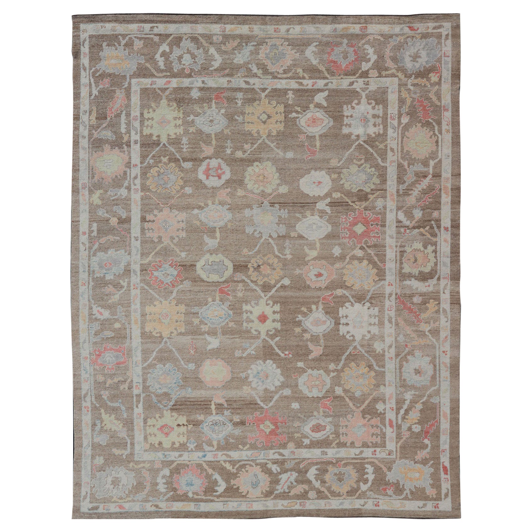 Turkish Oushak Rug with All-Over Floral Design on a Light Brown Field 