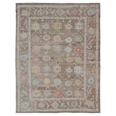 Turkish Oushak Rug with All-Over Floral Design on a Light Brown Field 