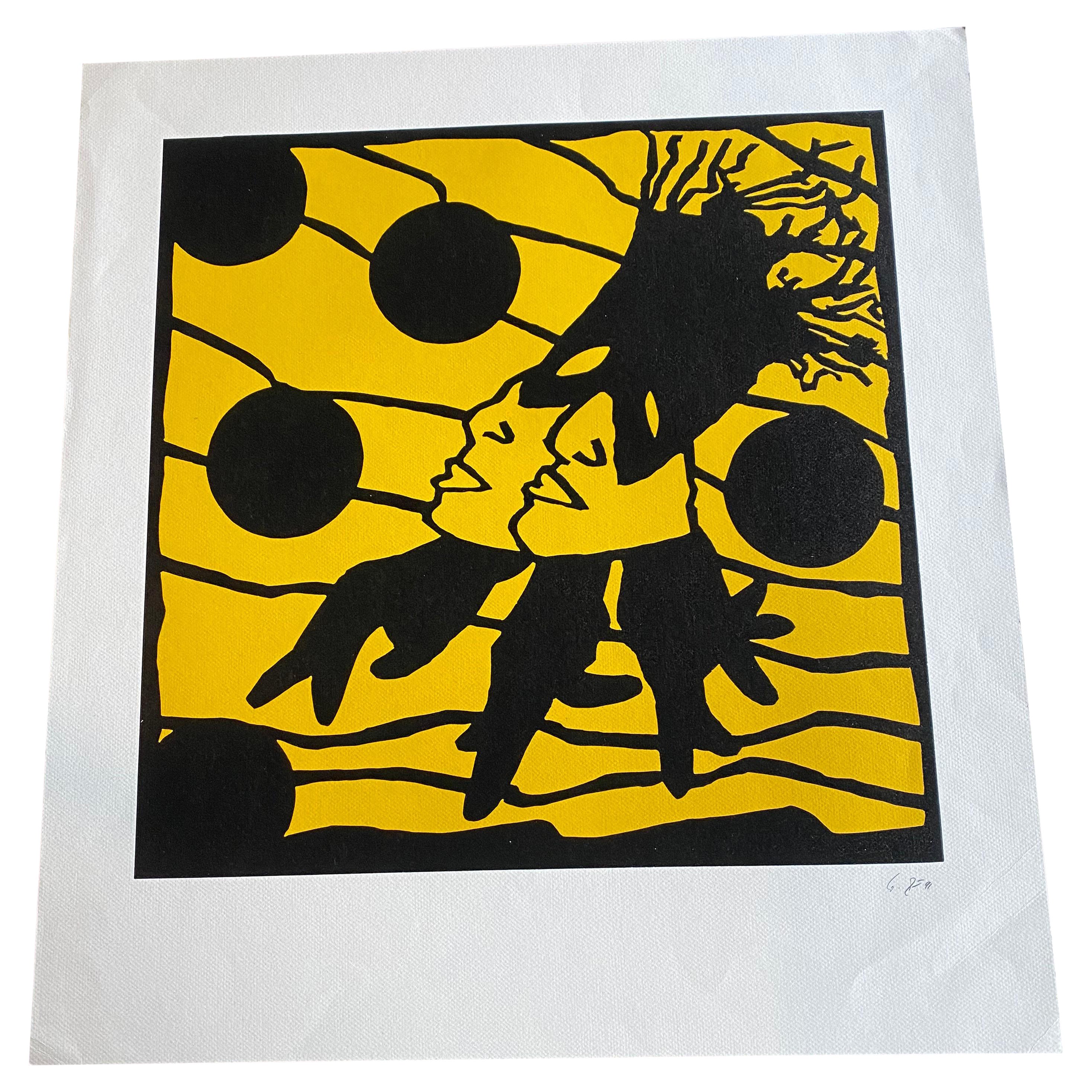 Original Color Linocut by Werner Büttner "Nachleben" in Yellow and Black For Sale