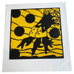 Vintage Original Color Linocut by Werner Büttner "Nachleben" in Yellow and Black