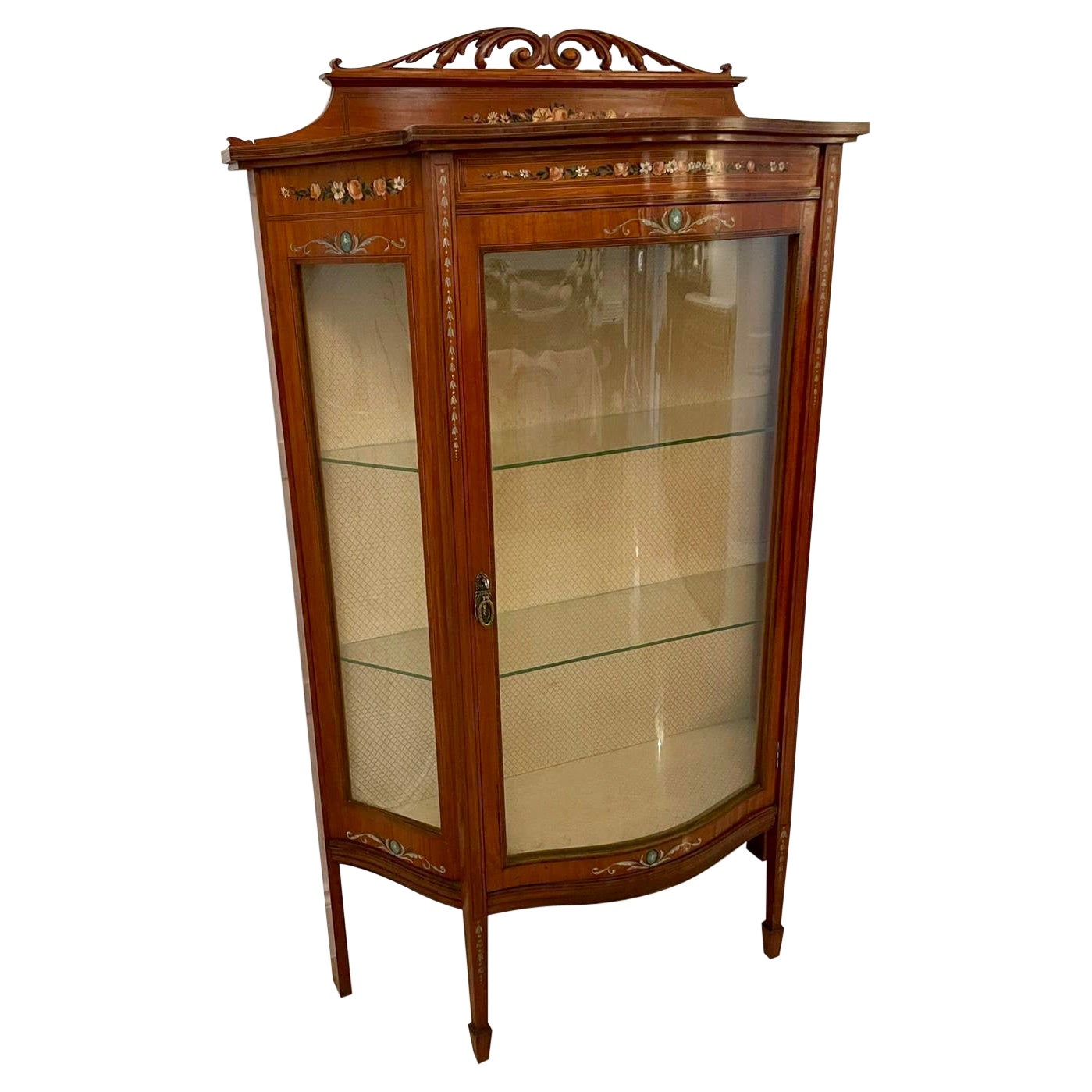 Fine Quality Antique Satinwood Display Cabinet with Original Painted Decoration For Sale