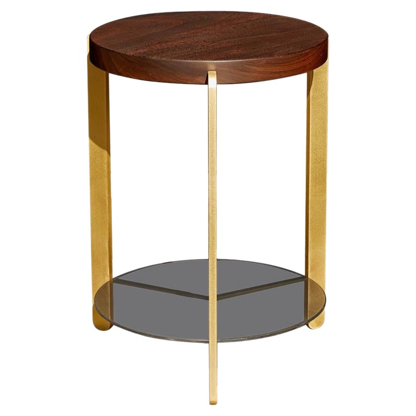 "Ternary" Side Table Walnut, Brass, Grey Acid Etched Glass For Sale