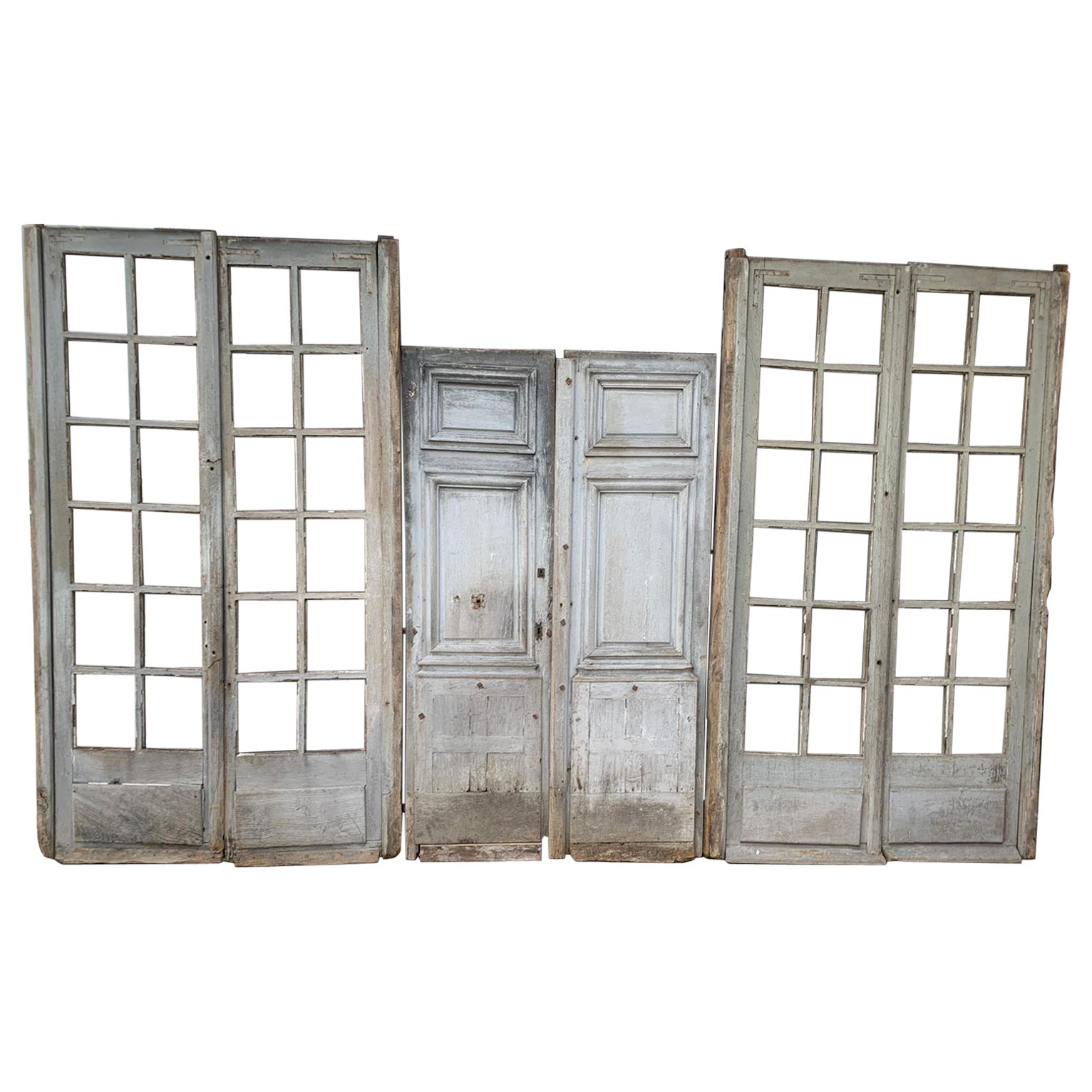 Ancient stained glass window, shop facade in lacquered oak, 19th century, France For Sale