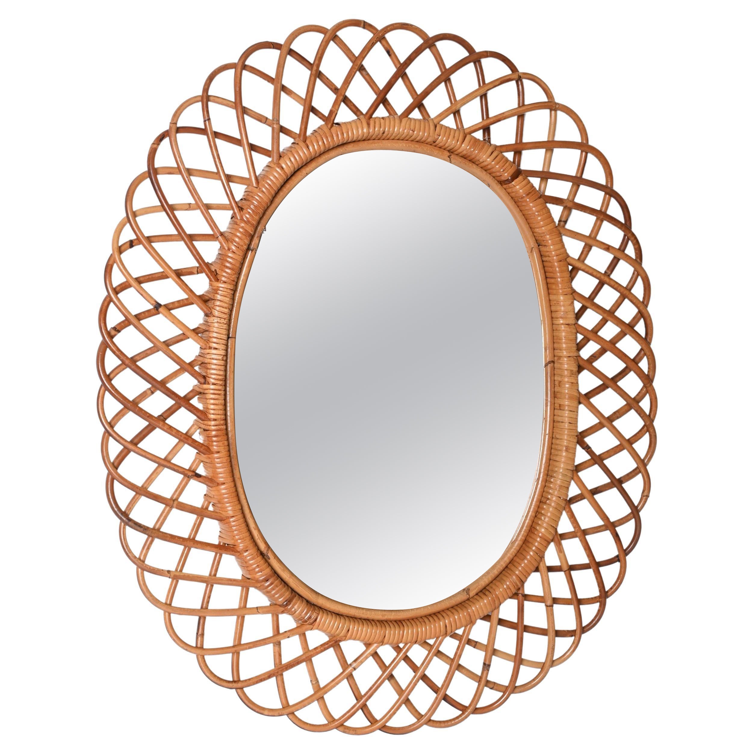 Midcentury French Riviera Bamboo and Rattan Oval Mirror Franco Albini Italy 1960