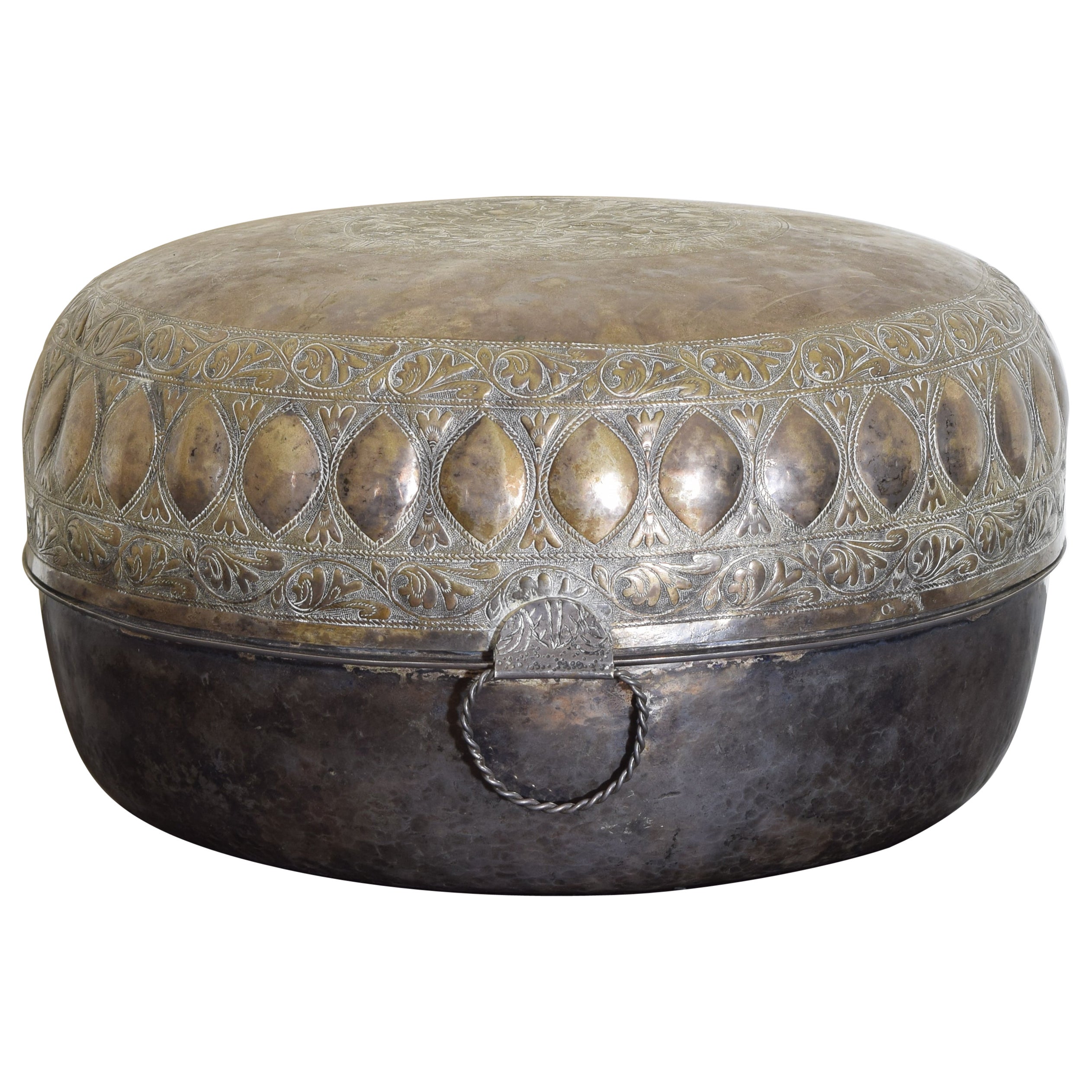 Continental Cast Silvered Brass Hinged & Handled Circular Box, 1st Half 19th Cen For Sale