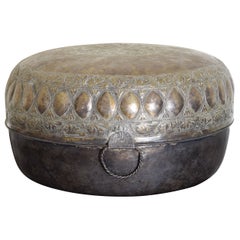 Antique Continental Cast Silvered Brass Hinged & Handled Circular Box, 1st Half 19th Cen