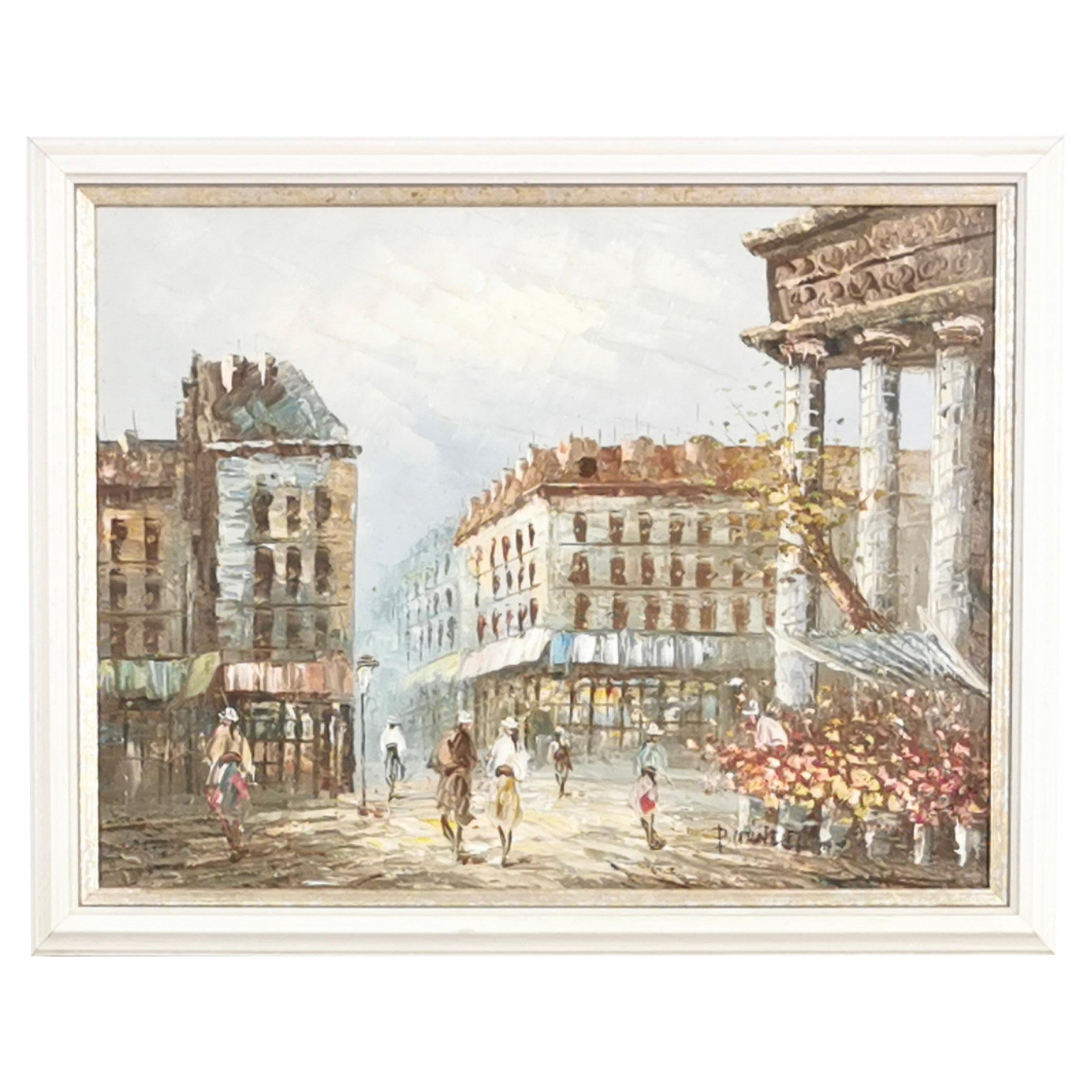 Early 20th Century Burnett French Street Scene Oil On Canvas