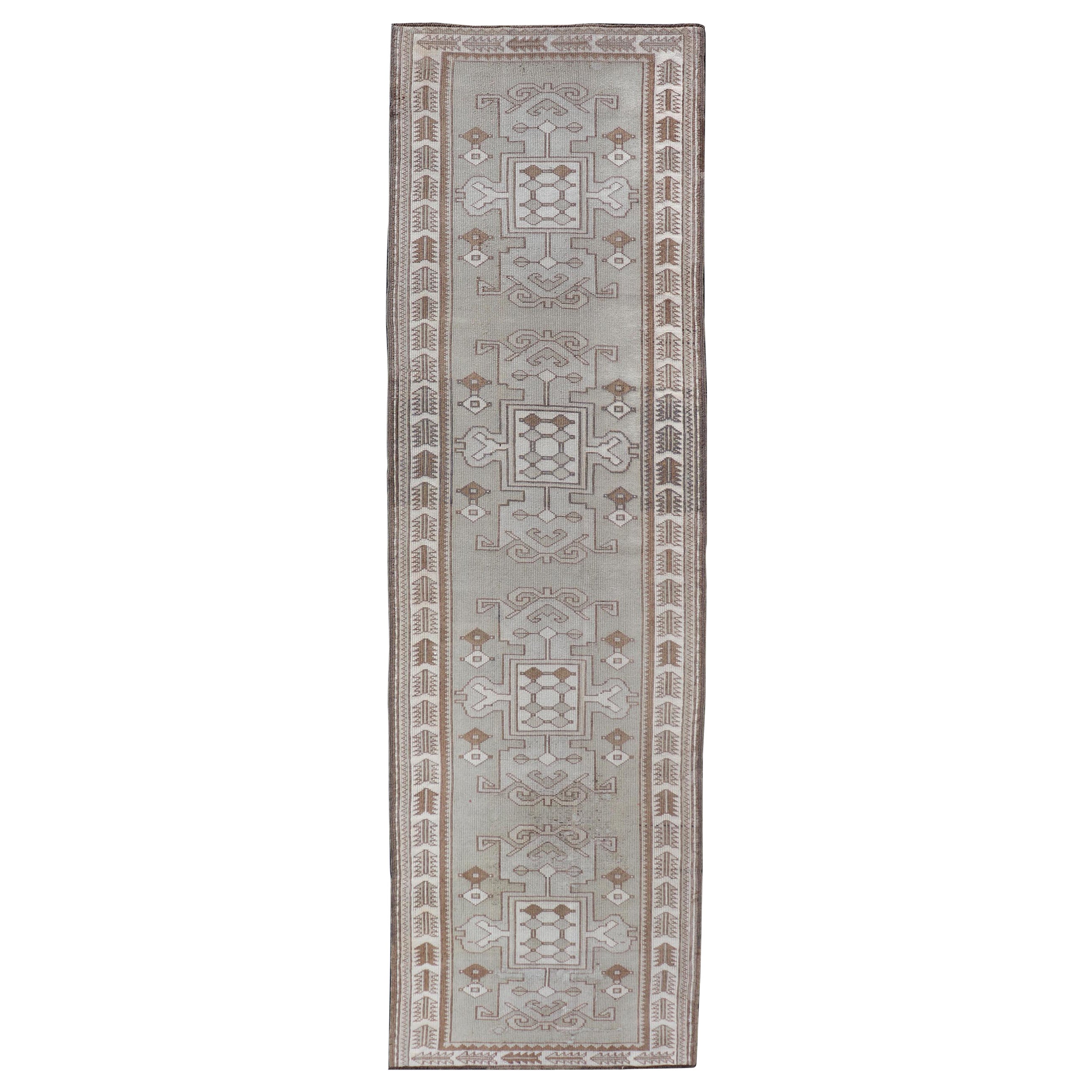 Vintage Turkish Oushak Runner in Neutral Tones, Taupe, Grey, Cream, and Brown For Sale