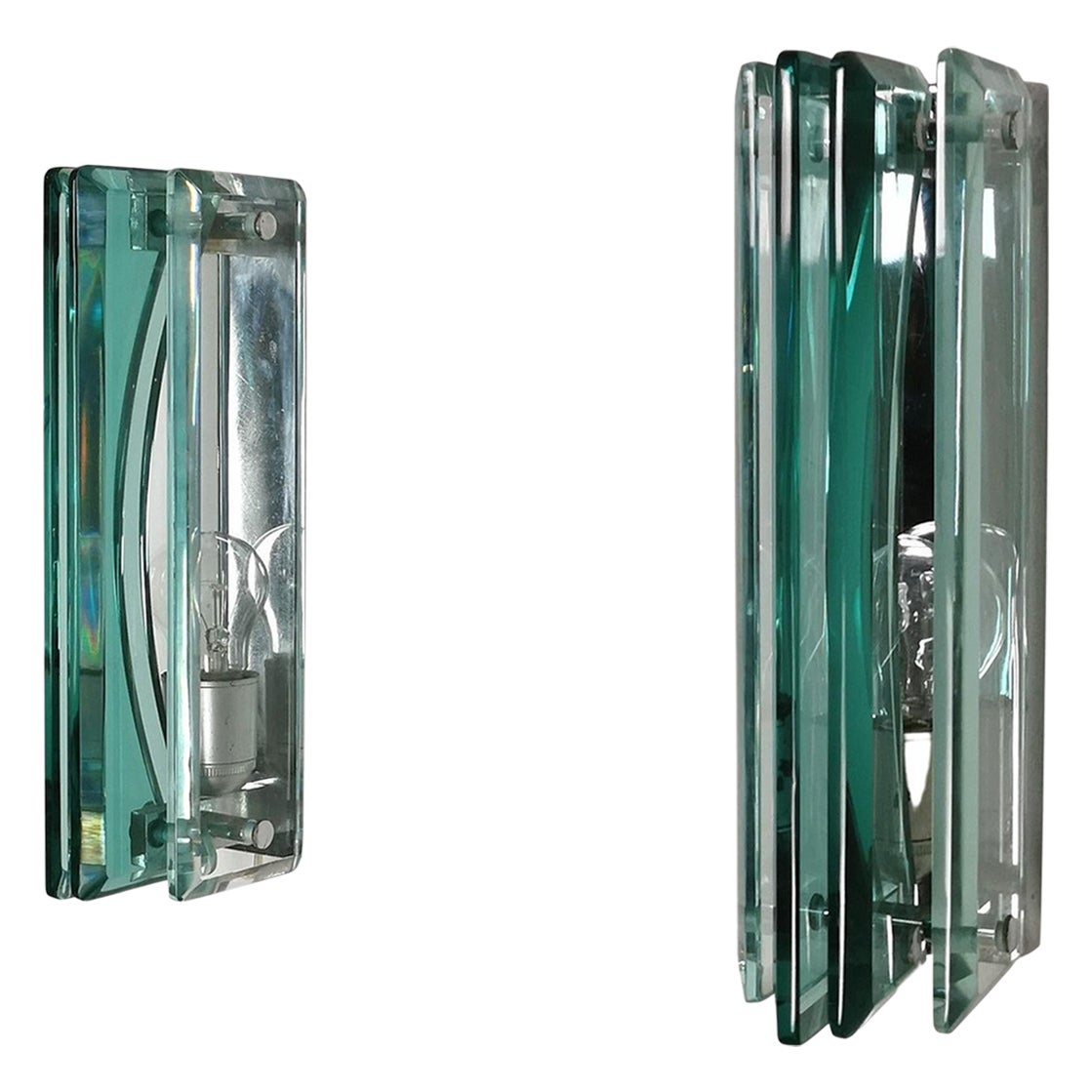 Lights Sconces Glass Chromed Brass Attributed to Cristal Art 1970s Set of 2 en vente