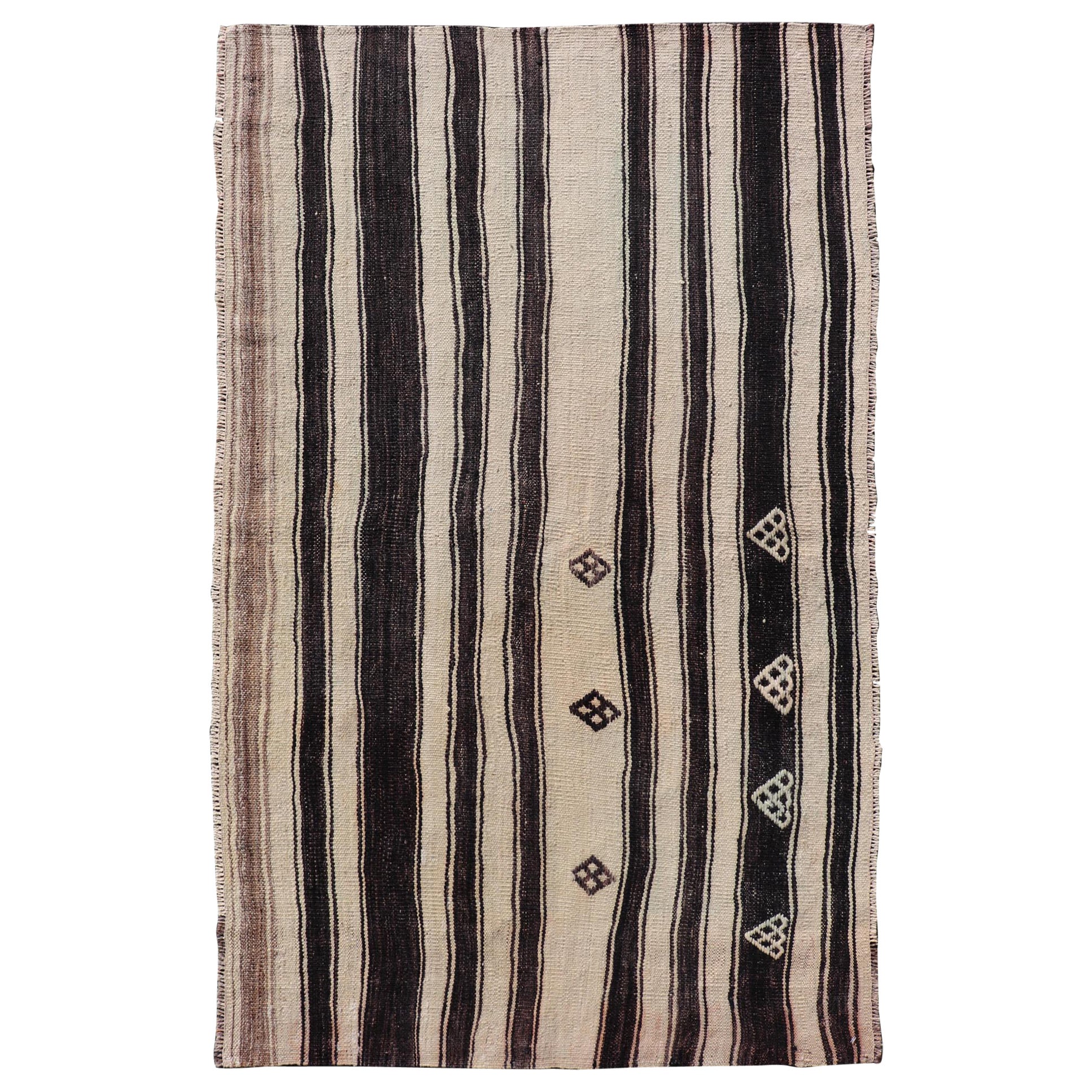 Stripe Design Turkish Vintage Flat-Weave Rug in Dark Brown, Taupe, and Cream  For Sale