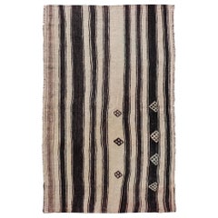 Stripe Design Turkish Vintage Flat-Weave Rug in Dark Brown, Taupe, and Cream 