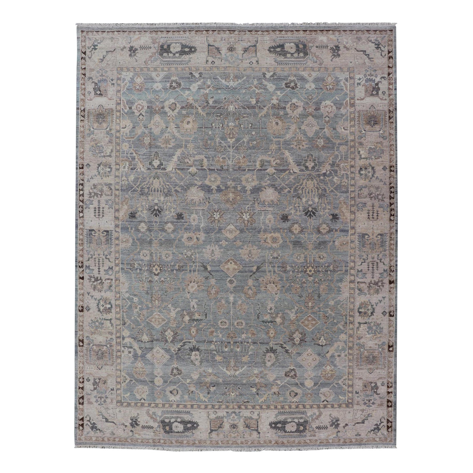 Modern Hand Knotted Oushak Muted Rug in Light Blue, Light Gray, and Cream For Sale