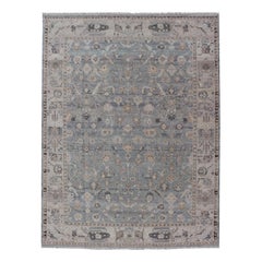 Modern Hand Knotted Oushak Muted Rug in Light Blue, Light Gray, and Cream