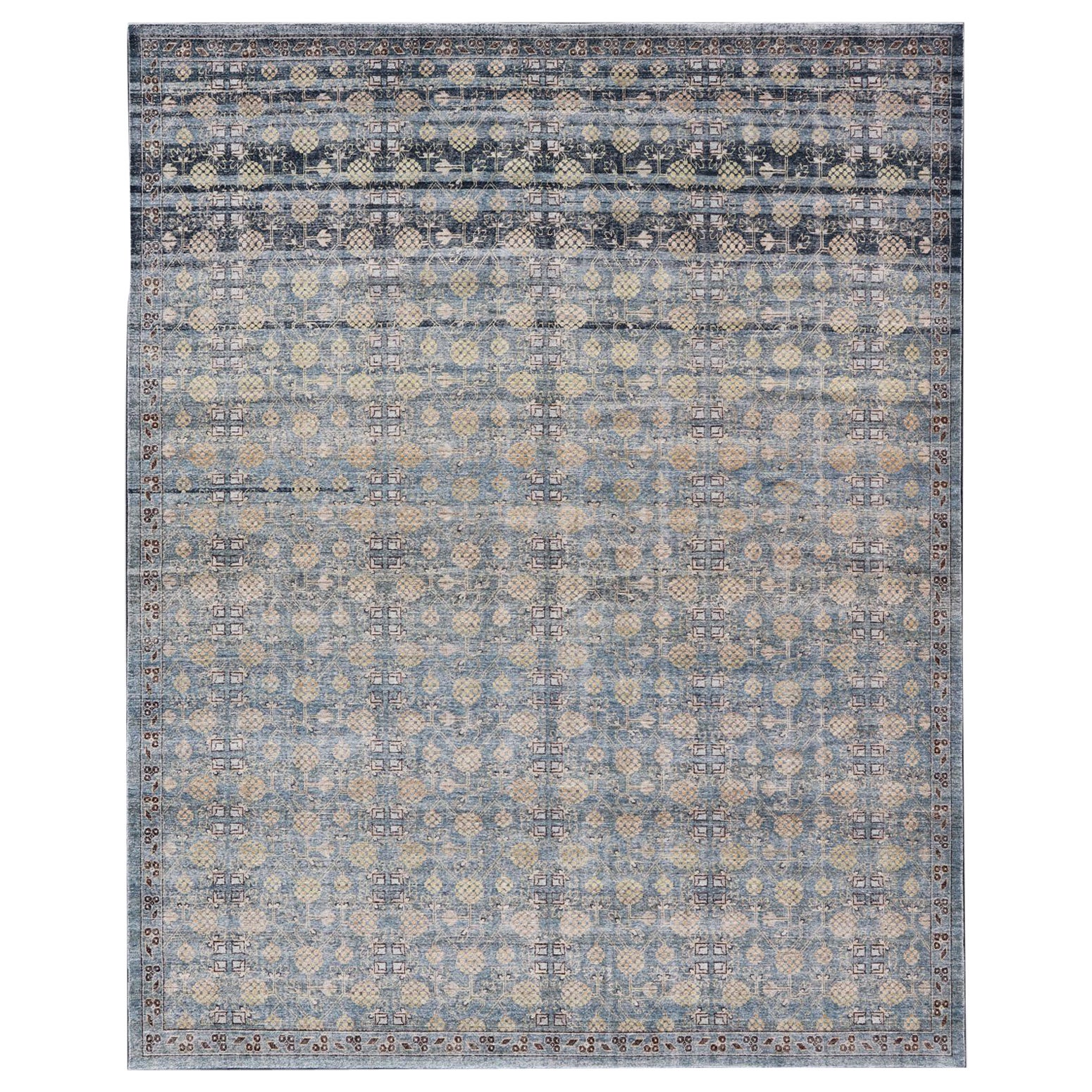 Modern All-Over Tribal Motif Khotan Area Rug in Dark Blues, Brown and Cream For Sale