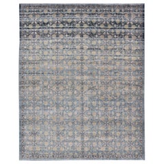 Modern All-Over Tribal Motif Khotan Area Rug in Dark Blues, Brown and Cream