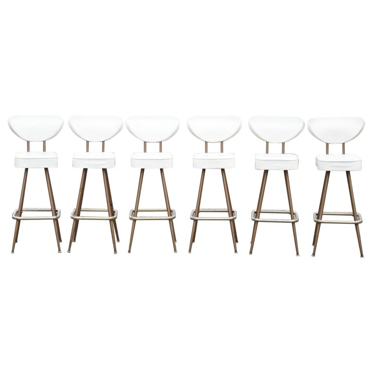 Vintage Mid Century Modern White Vinyl Swivel Seat Bar Stools Set of