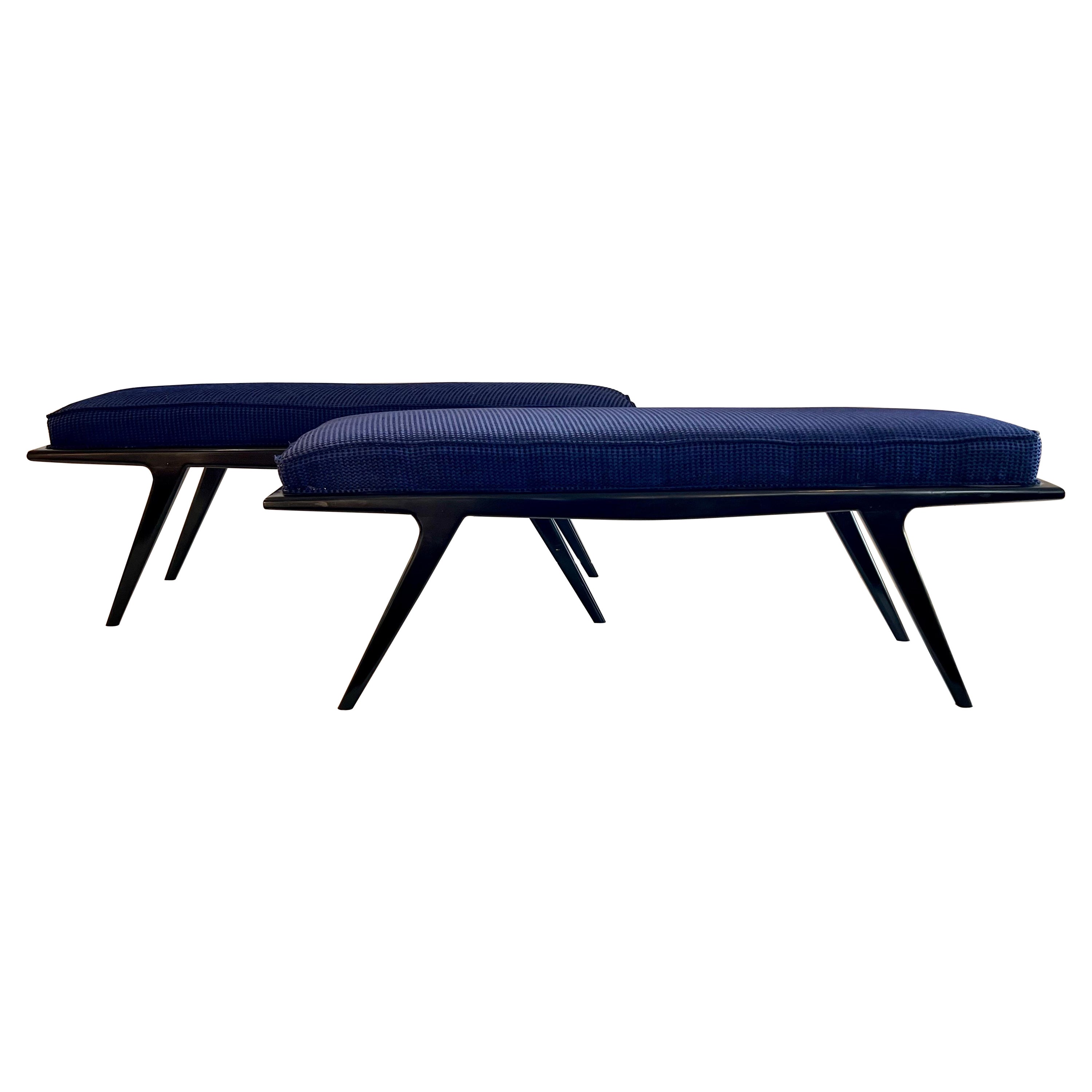 Mid Century Black Lacquered Wood Upholstered Benches