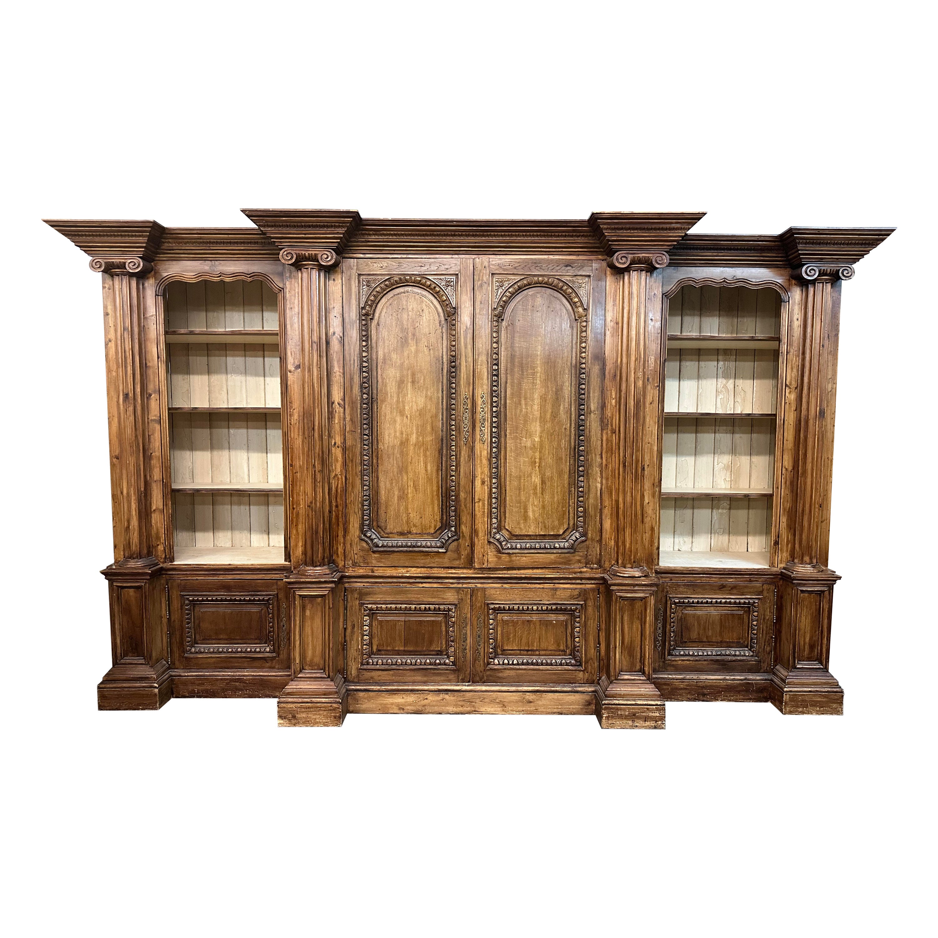 Monumental Carved Pine English Country Paint Decorated Bookshelf Bookcase  For Sale