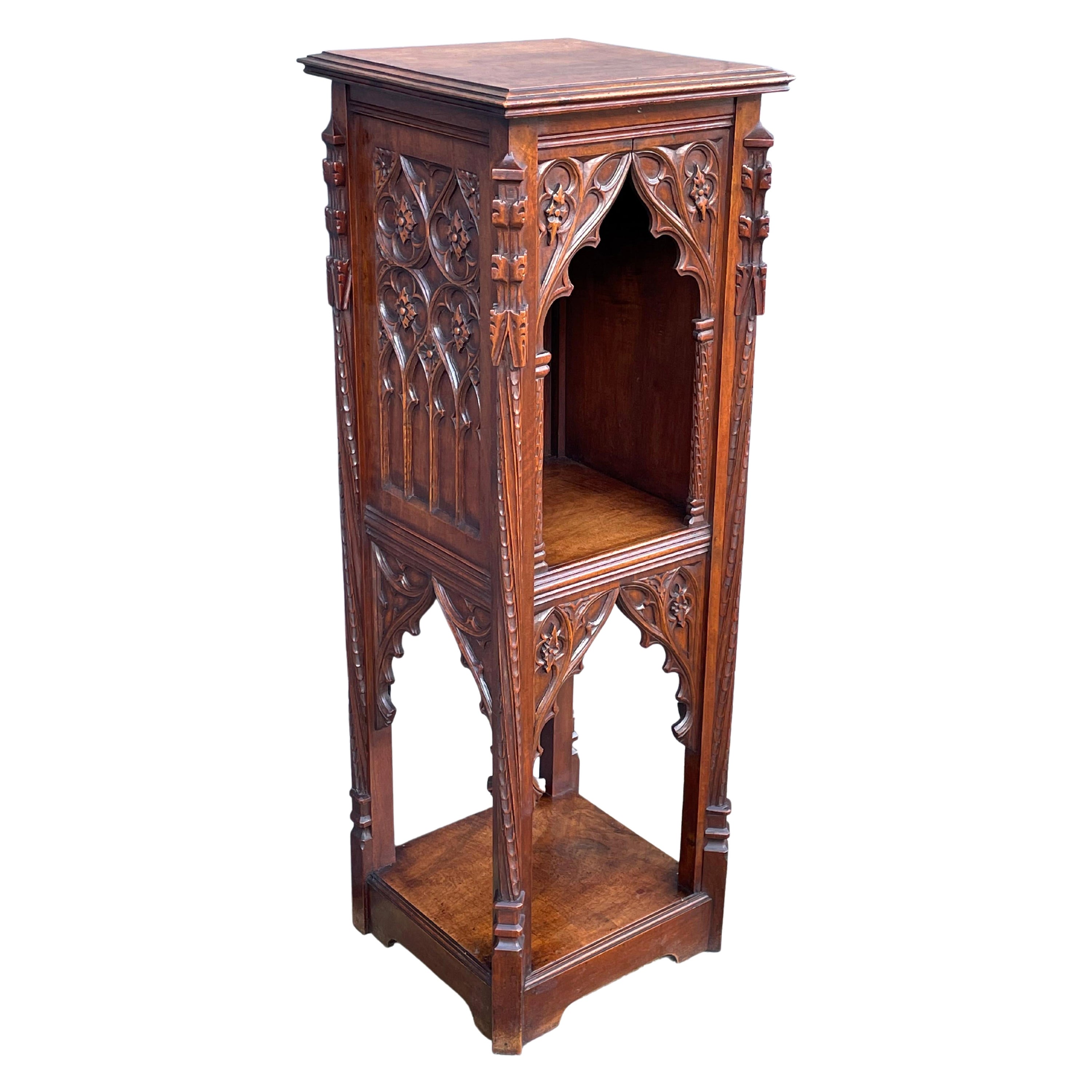 Stunning Antique Hand Carved Gothic Revival Nutwood Pedestal Sculpture Stand For Sale
