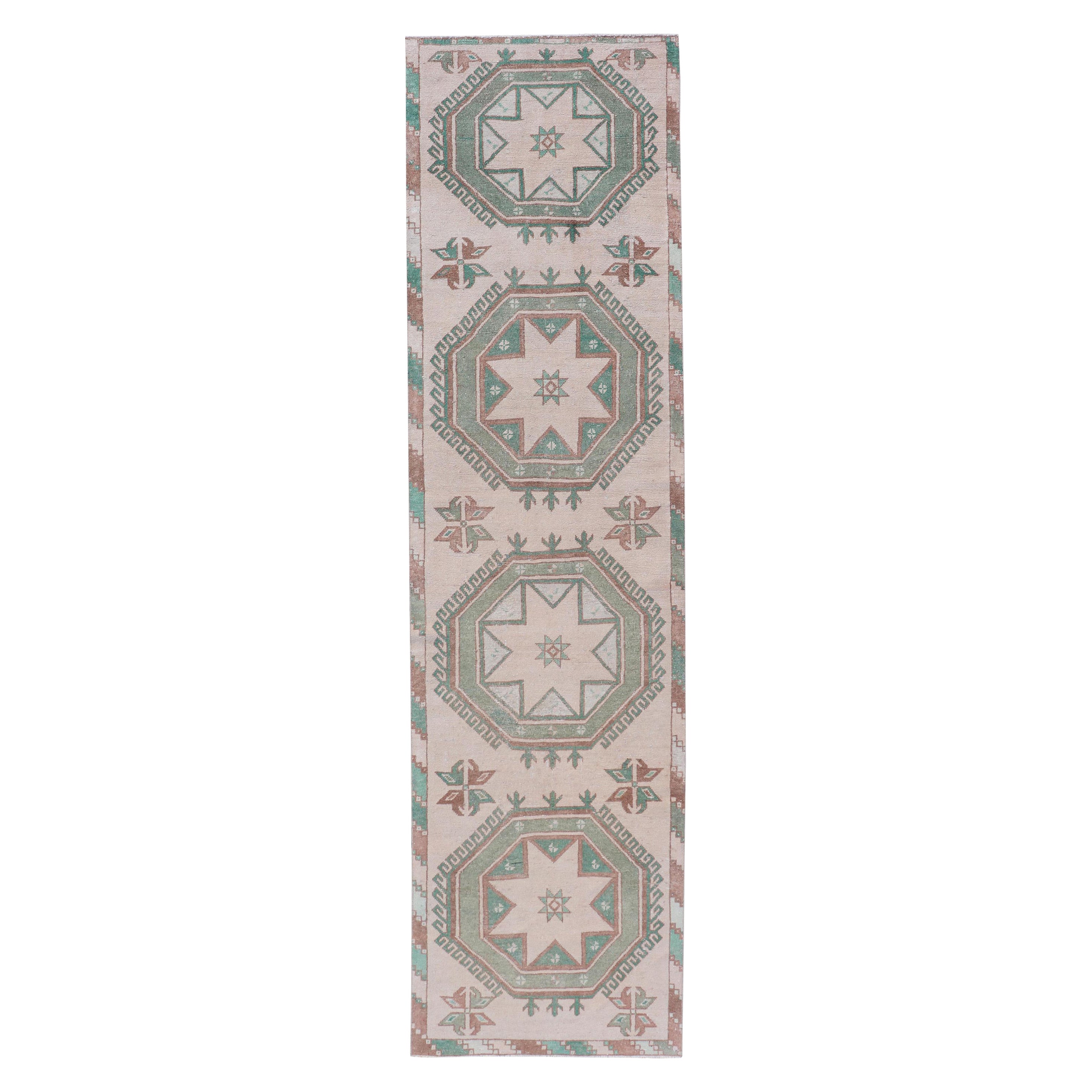 Vintage Turkish Oushak Runner with Repeating Geometric Design in Tan and Green For Sale