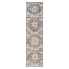 Vintage Turkish Oushak Runner with Repeating Geometric Design in Tan and Green