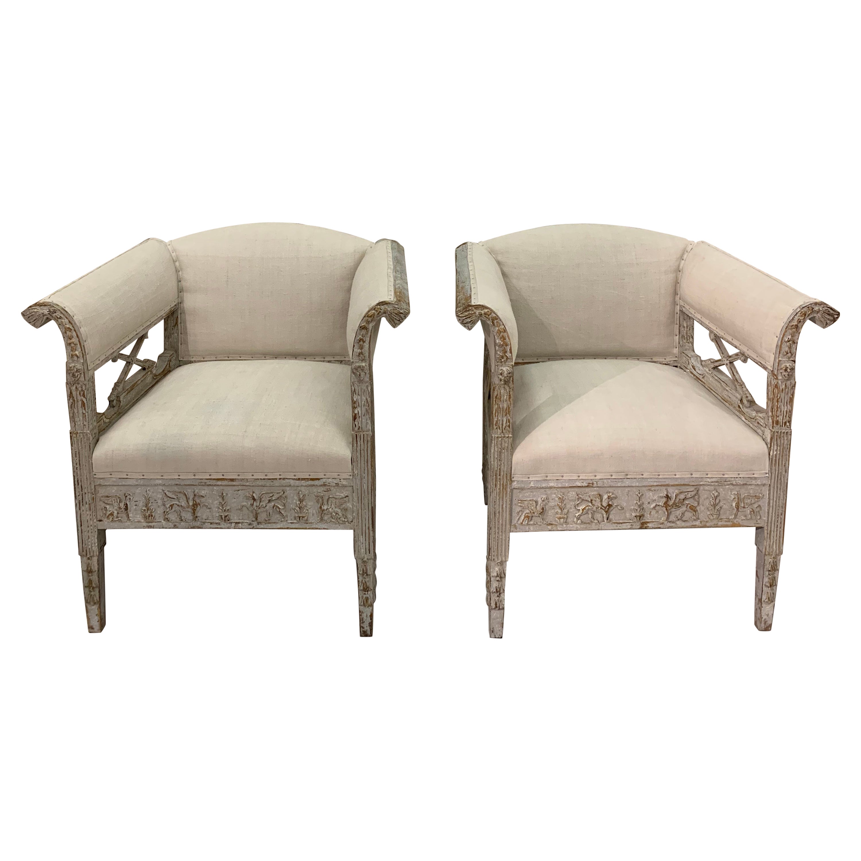 Pair of 1900s Swedish Neoclassical Decorated Painted & Upholstered Armchairs 