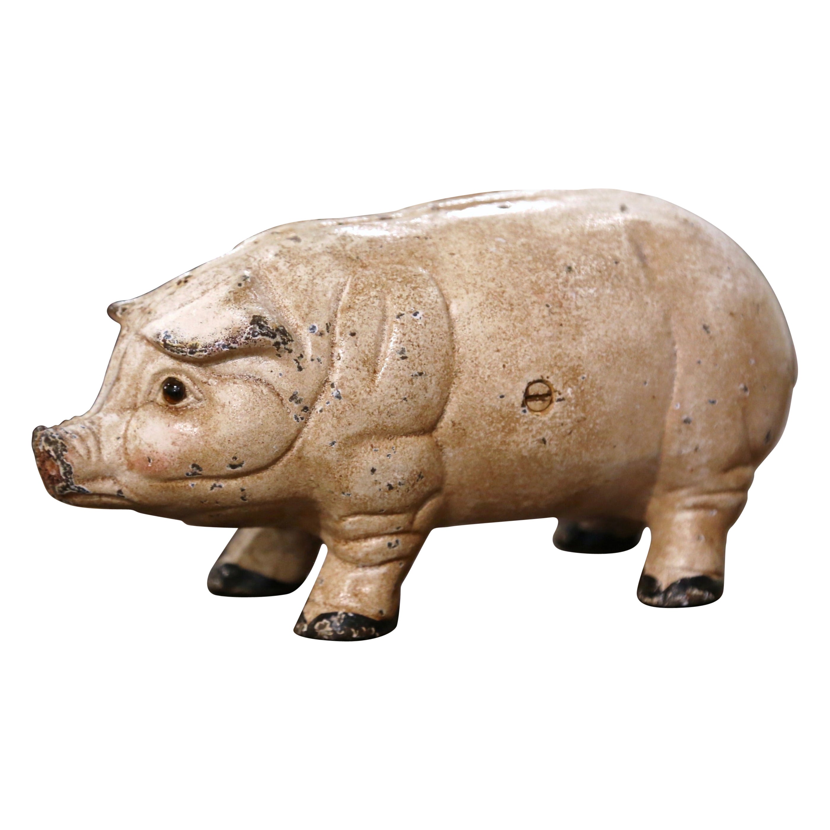 Französische handbemalte Piggy Bank-Skulptur aus Eisen, Mitte des 20. Jahrhunderts im Angebot
