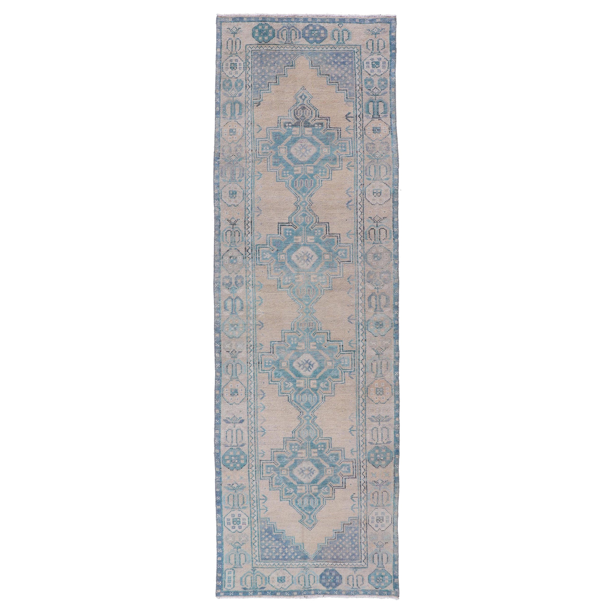 Turkish Vintage Oushak Runner with Geometric Medallion Design in Blues and Beige For Sale