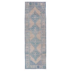 Turkish Vintage Oushak Runner with Geometric Medallion Design in Blues and Beige