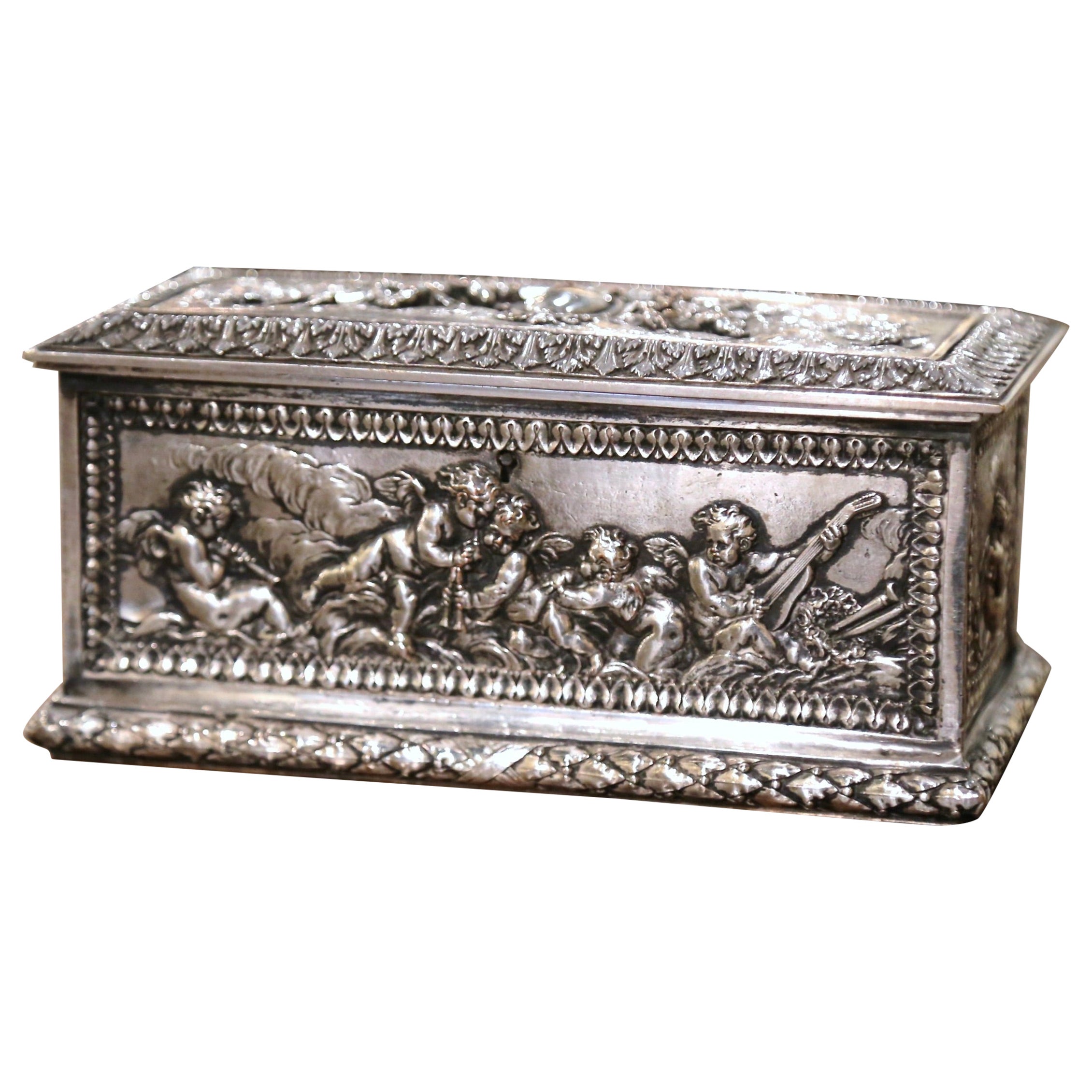 19th Century French Repousse Silver Plated on Copper Jewelry Box