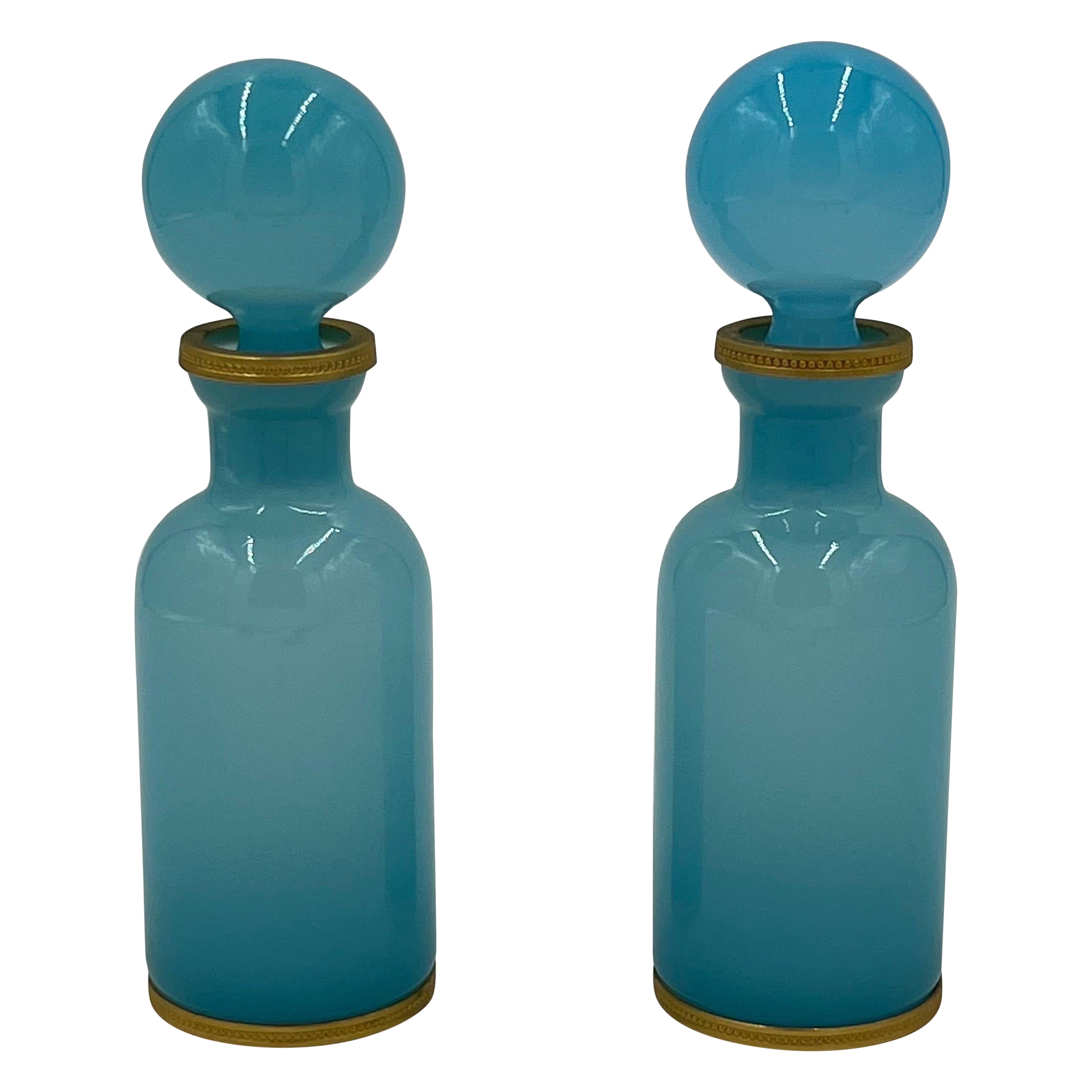 Pair, 19th Century French Blue Opaline Ormolu Mounted Glass Perfume Bottles