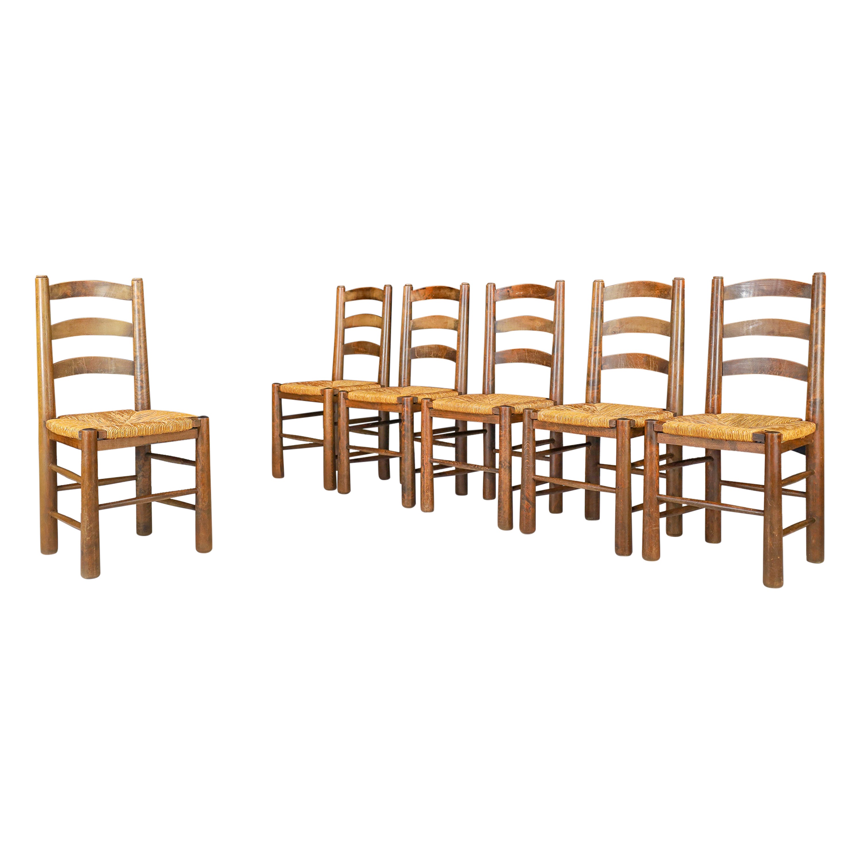 Georges Robert Dining Chairs in Oak and Rush, France, 1950s For Sale