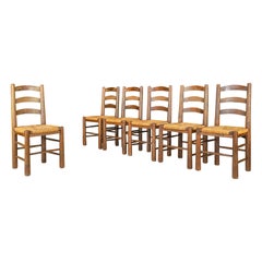 Georges Robert Dining Chairs in Oak and Rush, France, 1950s