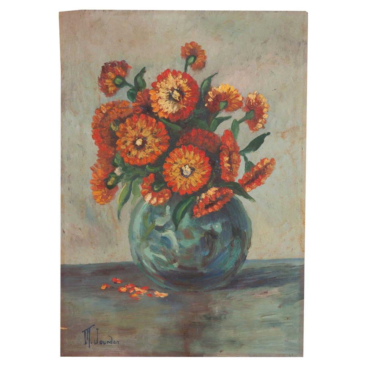 French Vintage Still Life Painting of Zinnias
