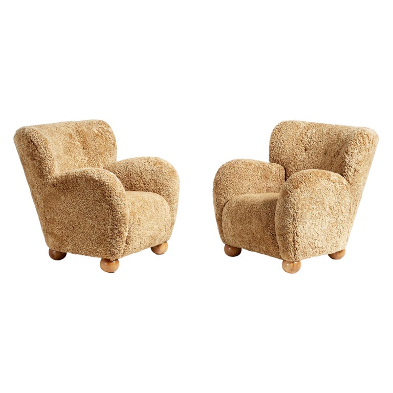 Pair of Custom Made Sheepskin Lounge Chairs For Sale at 1stDibs