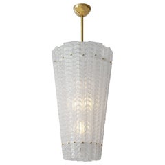 White Frosted Textured Murano Glass and Brass Pendant Lantern Chandelier, Italy