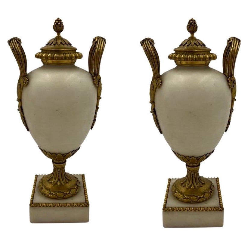 Fine Quality Pair, 19th Century French White Marble Bronze Ormolu Mounted Vases For Sale
