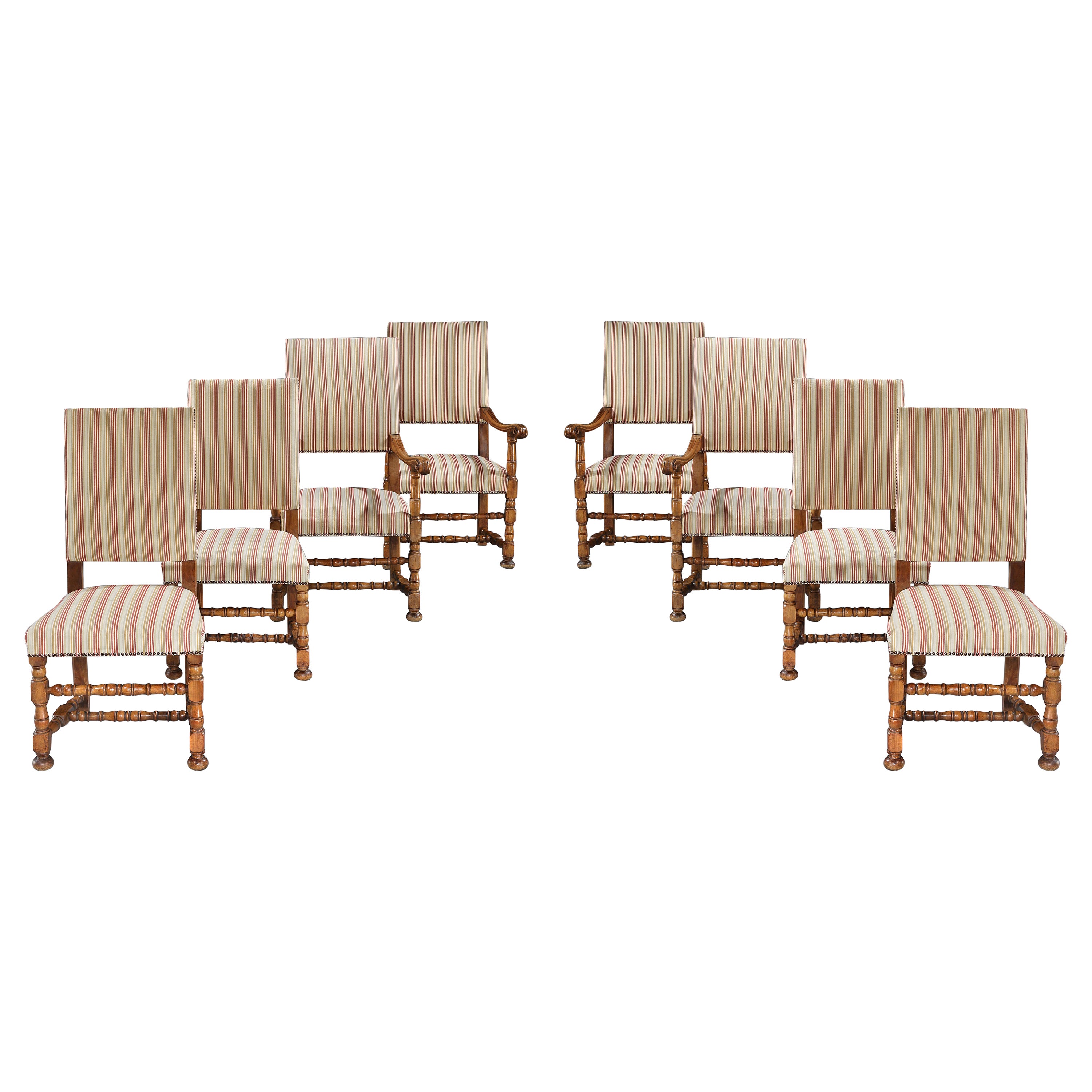 8 Set Armchairs Chairs Upholstered Fruitwood 19 Century Louis XIV Style Stripe For Sale