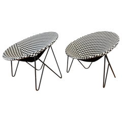 Pair of Mid-century 1950s Wrought Iron Hoop Chairs Black/White Upholstery