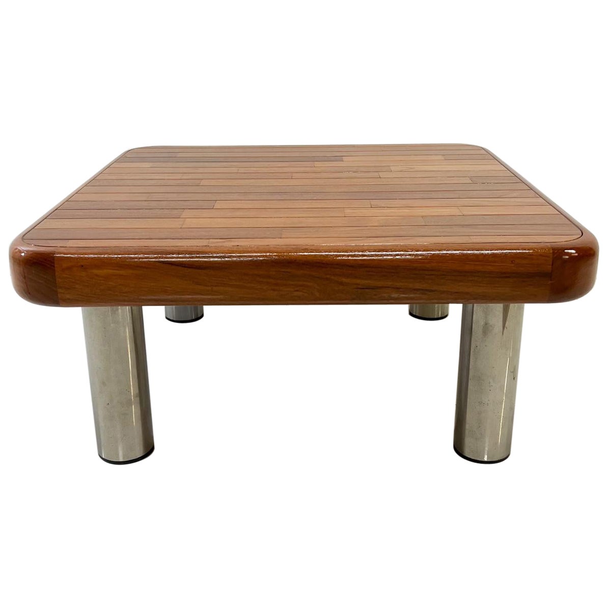 1970s Modern Coffee Table Staved Wood Tubular Chrome Legs 