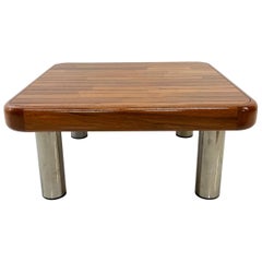 1970s Modern Coffee Table Staved Wood Tubular Chrome Legs